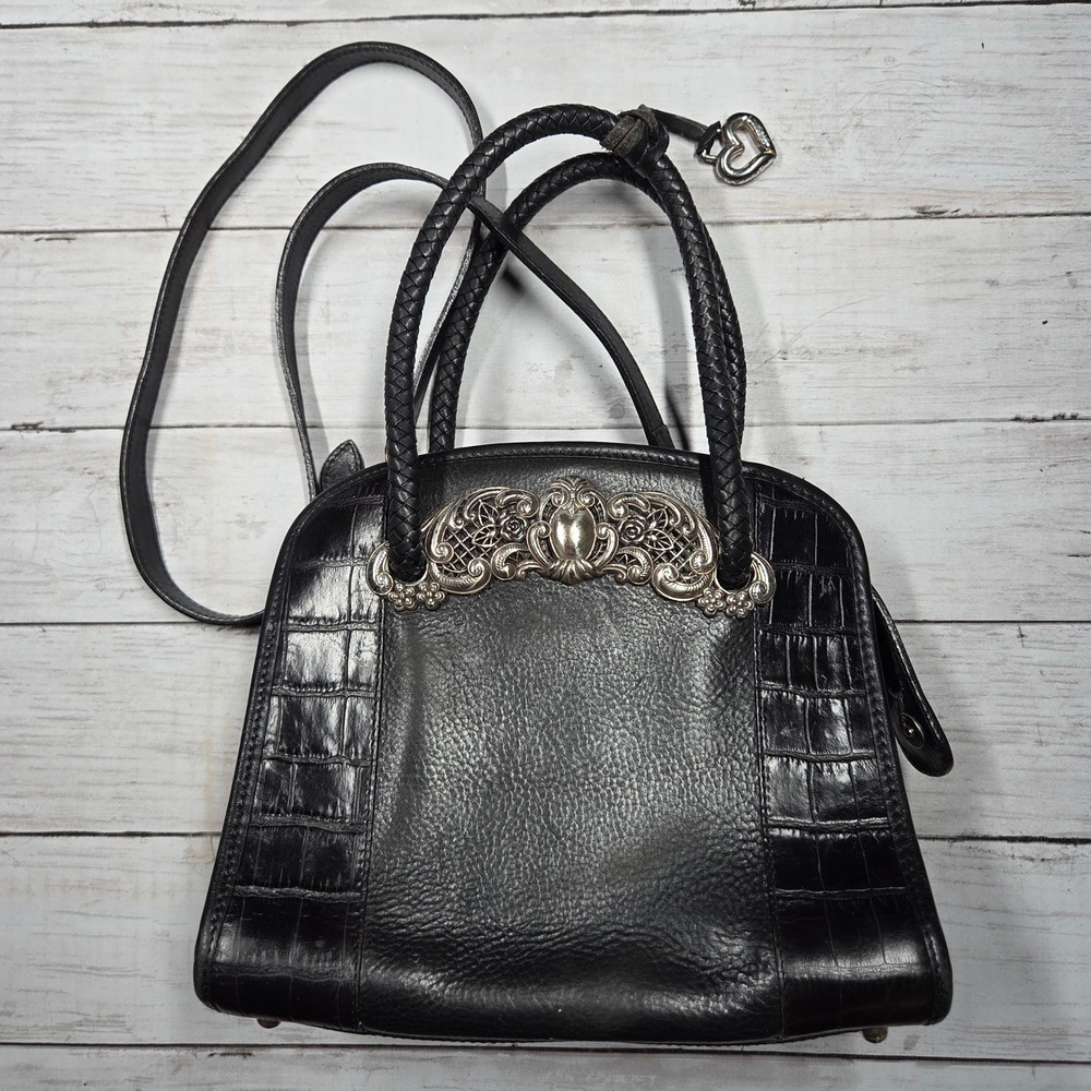 Vintage Brighton Chantilly Satchel Bag Women Black Leather Croc Embossed
